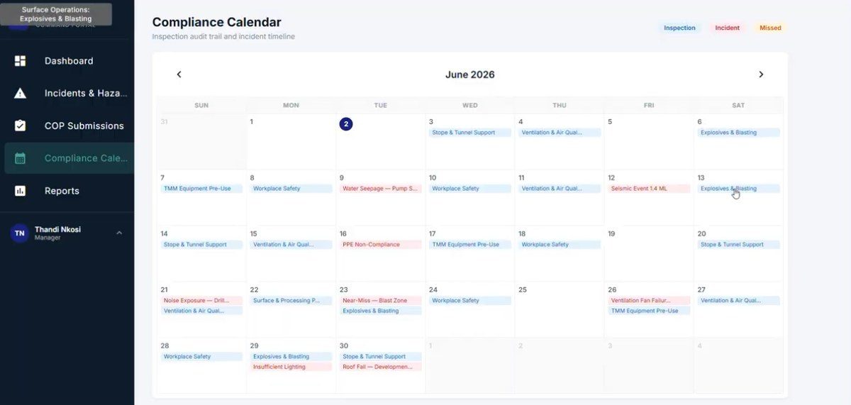 Month view of inspections and incidents on a compliance calendar